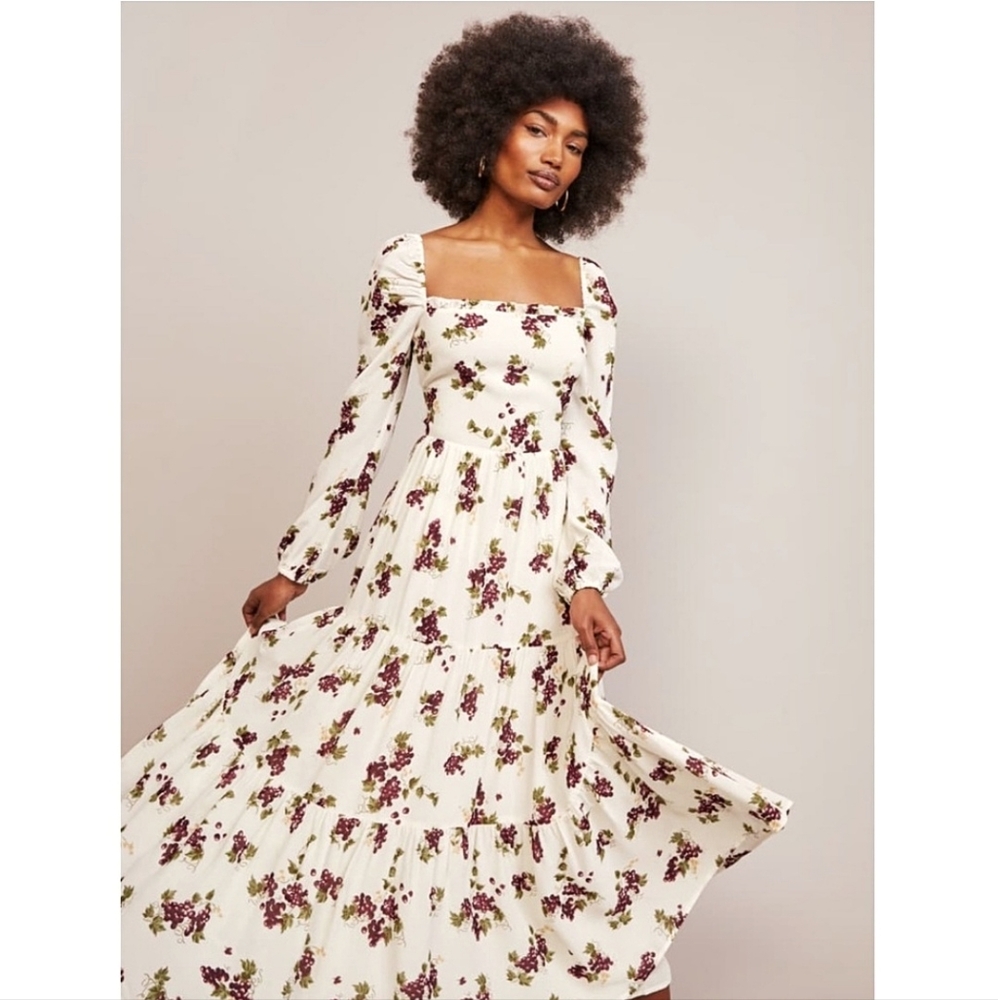 NWOT Reformation Kellie Coquette Grapes Long Sleeve Square Neckline Midi Dress